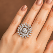 Silver-Plated Floral Diamond Statement Ring for Women & Girls